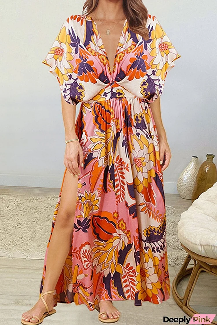 Floral Deep V Dolman Sleeve Split Maxi Dress