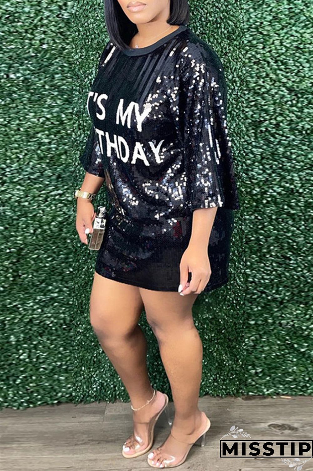 Rose Red Fashion Casual Patchwork Sequins O Neck A Line Dresses