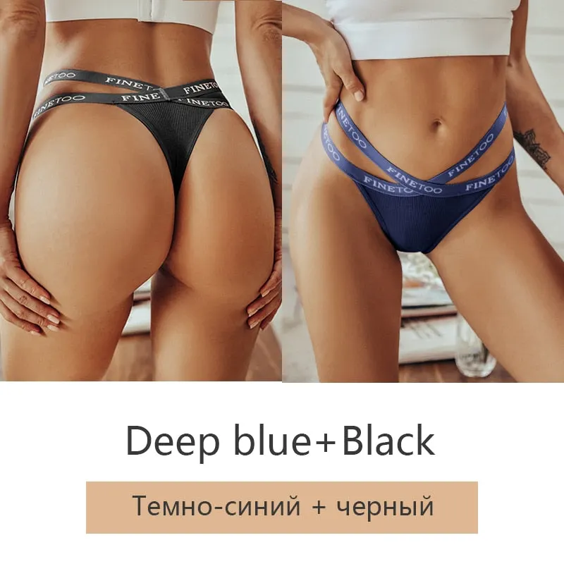 FINETOO 2Pcs/set Sexy Thongs Women Cotton G-string Panties Letter Bikini Underwear Girls Cross Belt Low-rise Underpants Lingerie