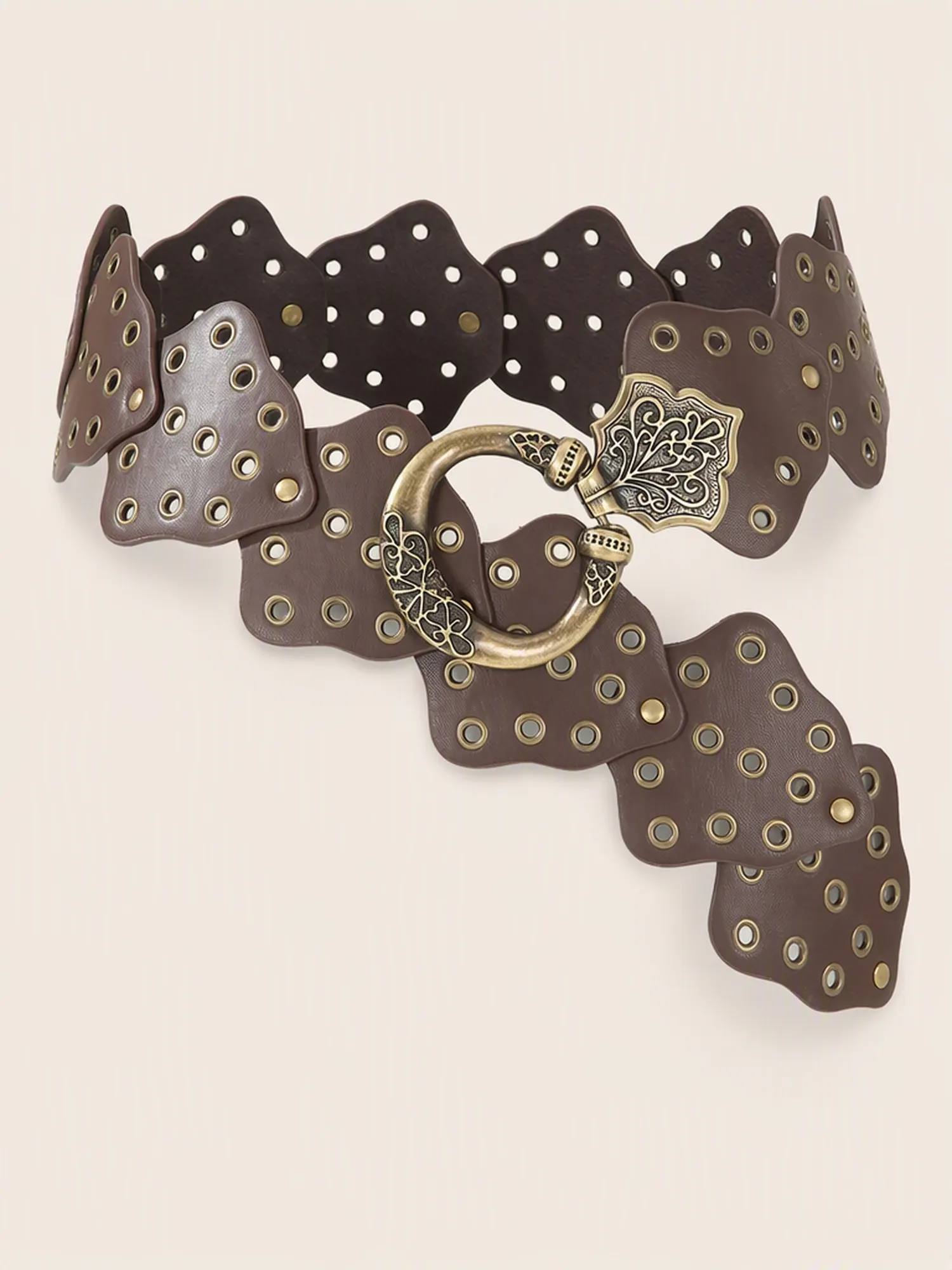 Women's Vintage Western Scalloped Wide Belt, Studded PU Leather with Antique‑Finish Engraved Ring Buckle