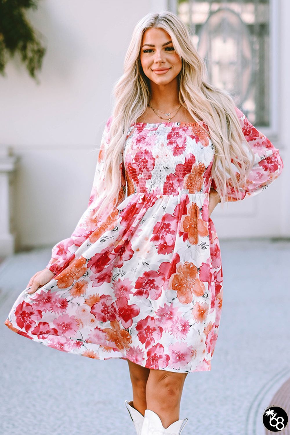 White Floral Print Smocked Puff Sleeve Mini Dress | 168DEAL