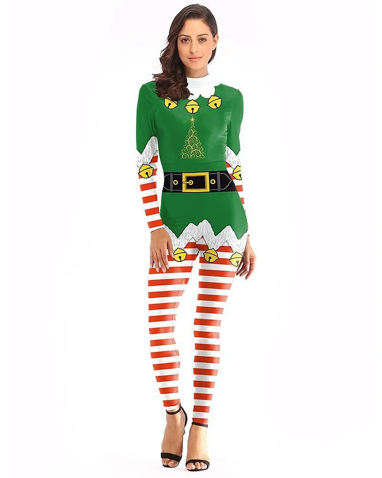 Mayoulove Classic Christmas Elf Catsuit Womens Green Tight Jumpsuit Costume-Mayoulove