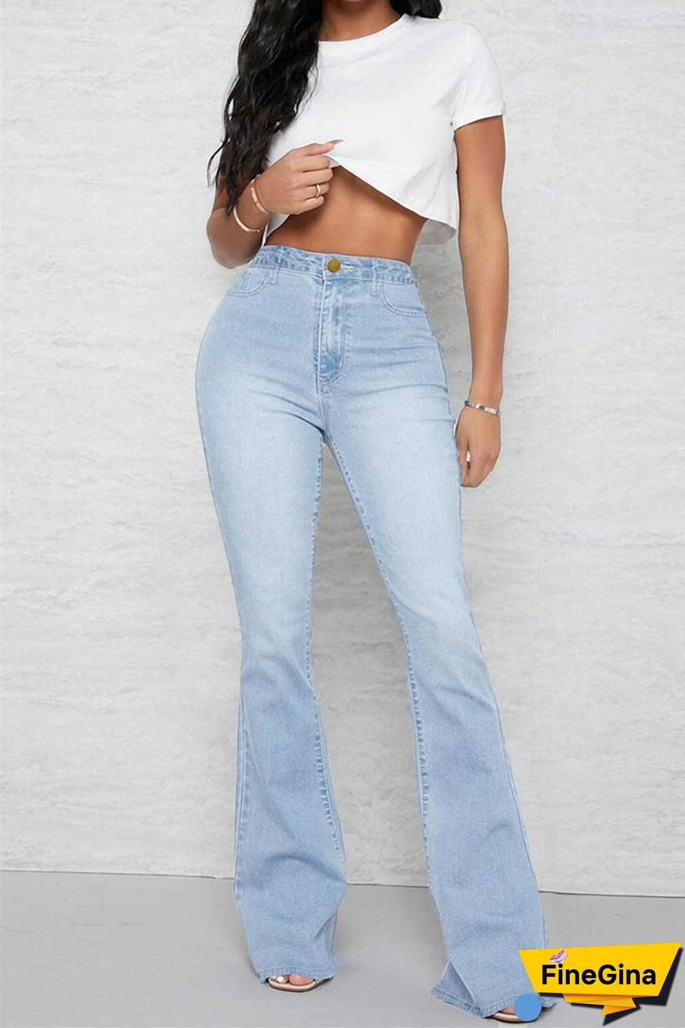 Baby Blue Casual Solid Patchwork Mid Waist Regular Denim Jeans