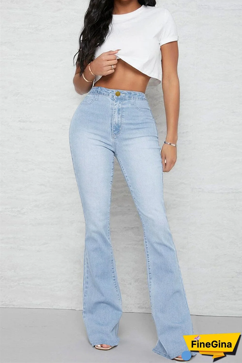 Baby Blue Casual Solid Patchwork Mid Waist Regular Denim Jeans