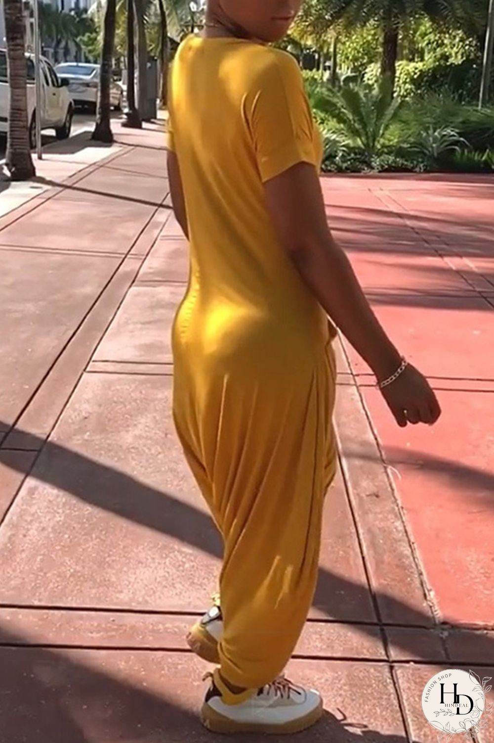 Yellow Fashion Casual Solid Pocket V Neck Regular Jumpsuits