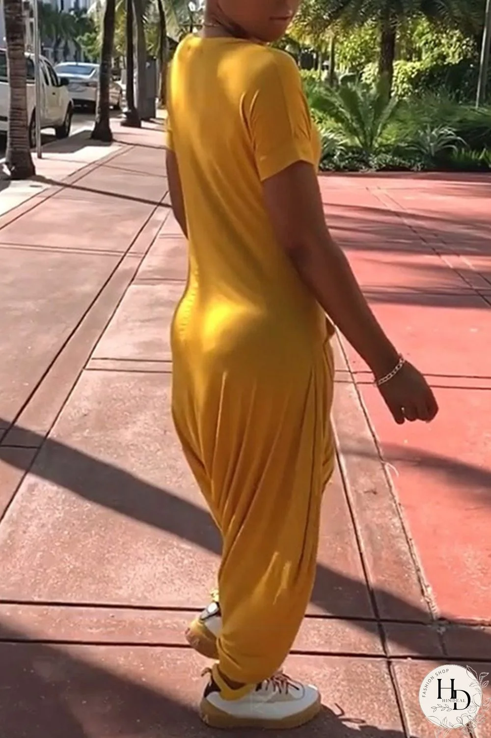 Yellow Fashion Casual Solid Pocket V Neck Regular Jumpsuits