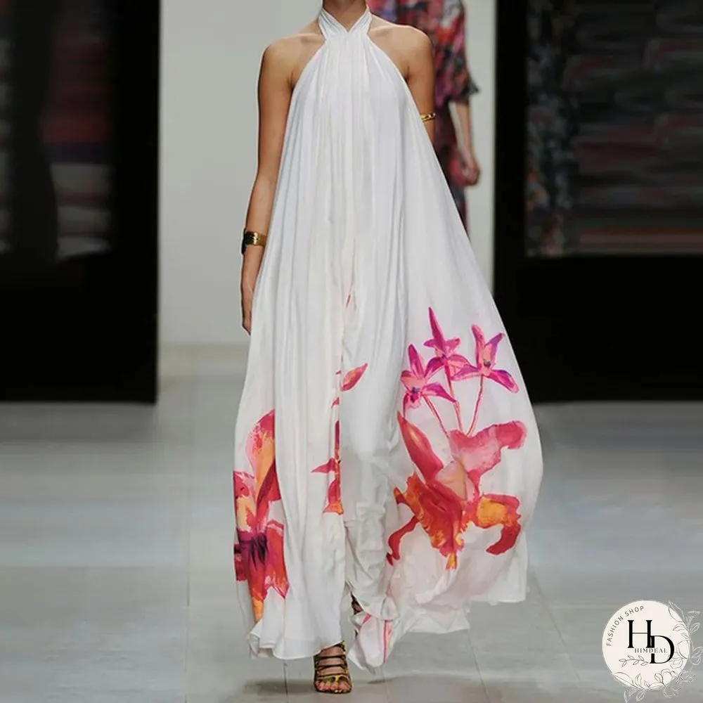 Summer Party Evening Sundress Women Floral Halter Backless Long Dress Casual Baggy