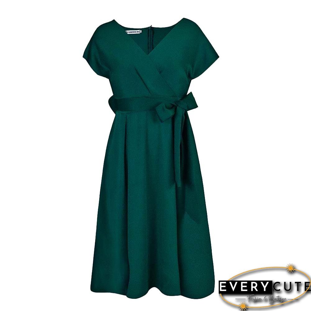 V-neck Solid Color Waist Bow Tie Dress White Dresses