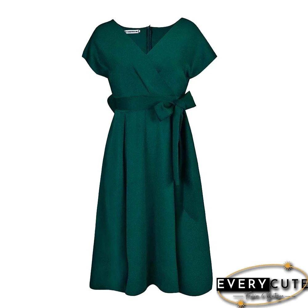 V-neck Solid Color Waist Bow Tie Dress White Dresses