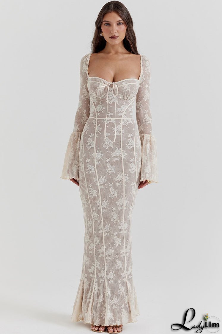 Vintage Bow Tie Pleated Floral Lace Fishtail Evening Maxi Dress - Cream