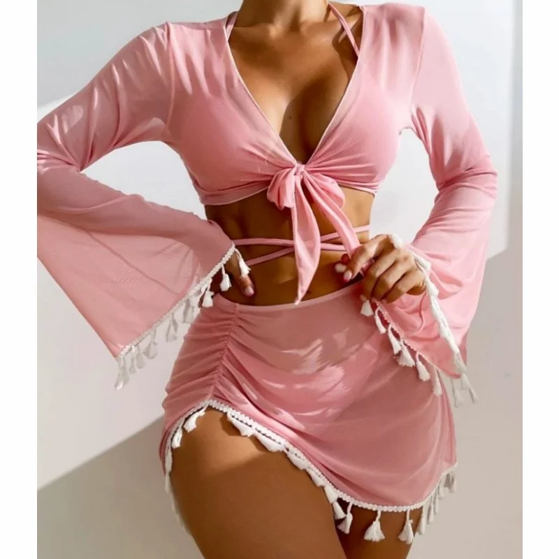 Wongn Wongn New Conservative Four-Piece Set Solid Color Tassel Gauze Skirt Bikini Swimsuit Woman