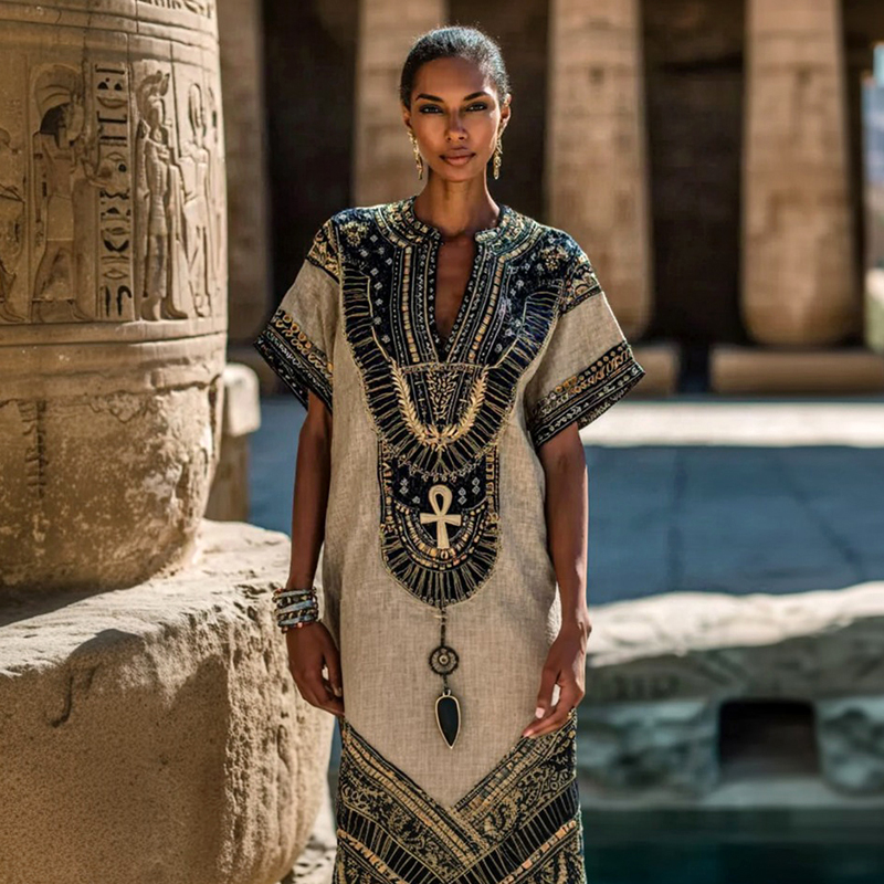 Comstylish Women's Egyptian Ankh Inspired Art Casual V Neck Linen Maxi Dress