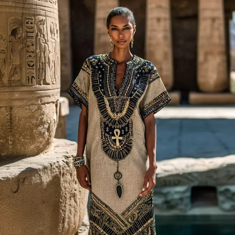 Women's Egyptian Ankh Inspired Art Casual V Neck Linen Maxi Dress