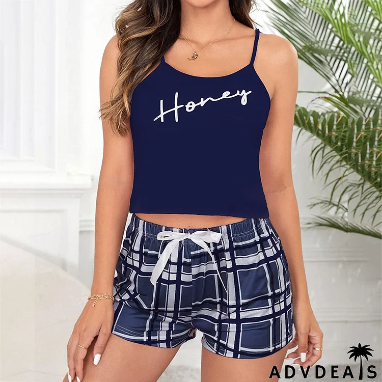 Summer Women Fashion Alphabet Printing Camisole Top Bowknot Plaid Shorts Two-Piece Set