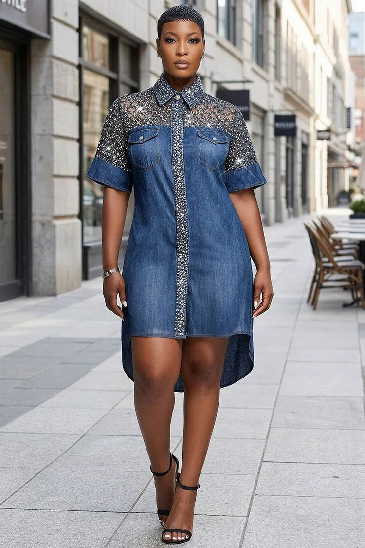 Xpluswear Design Plus Size Business Casual Sequin Blue Shirt Collar Short Sleeve Asymmetric Hem Tencel Denim Mini Dresses [Pre-Order] 2024 - Xpluswear