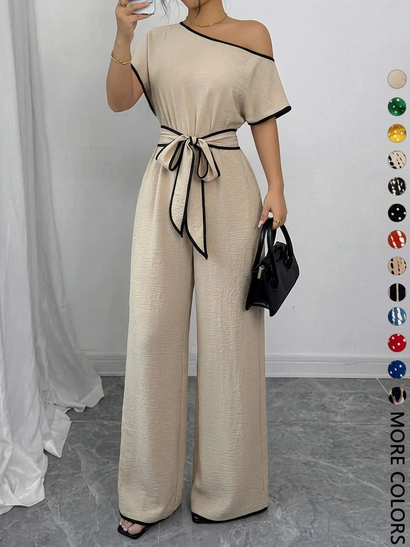 Women's All Over Print Leopard Tie Front Loose Jumpsuit, Casual Asymmetrical Neck Jumpsuit for Spring & Fall, Women's Clothes for Daily Wear