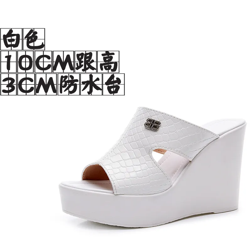 Breakj Breakj Leather Slope And Slippers Women Wearing Fashion Pine Cake Thick Bottom Fitting Room A Word Drag Anti-Slip High And Cow Skin Cold Drag