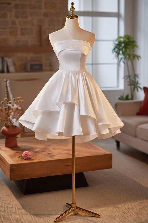 Ovlias Simple Satin White Short strapless Homecoming Dress with Pleated HC0195
