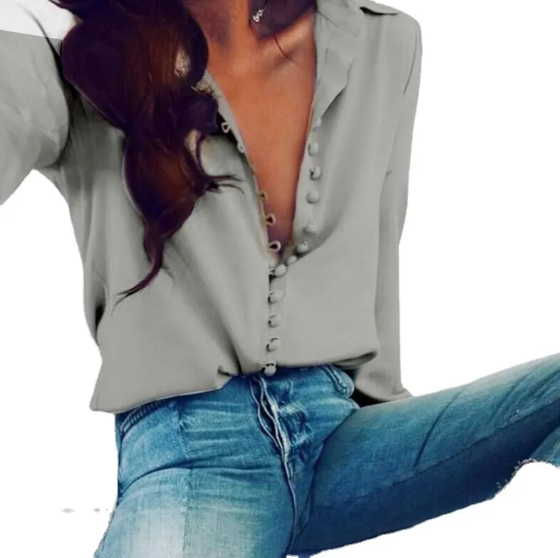 Churchf Churchf Hot Style New Irregular Solid Color V-Neck Sexy Breasted Long Sleeve Women's Shirt