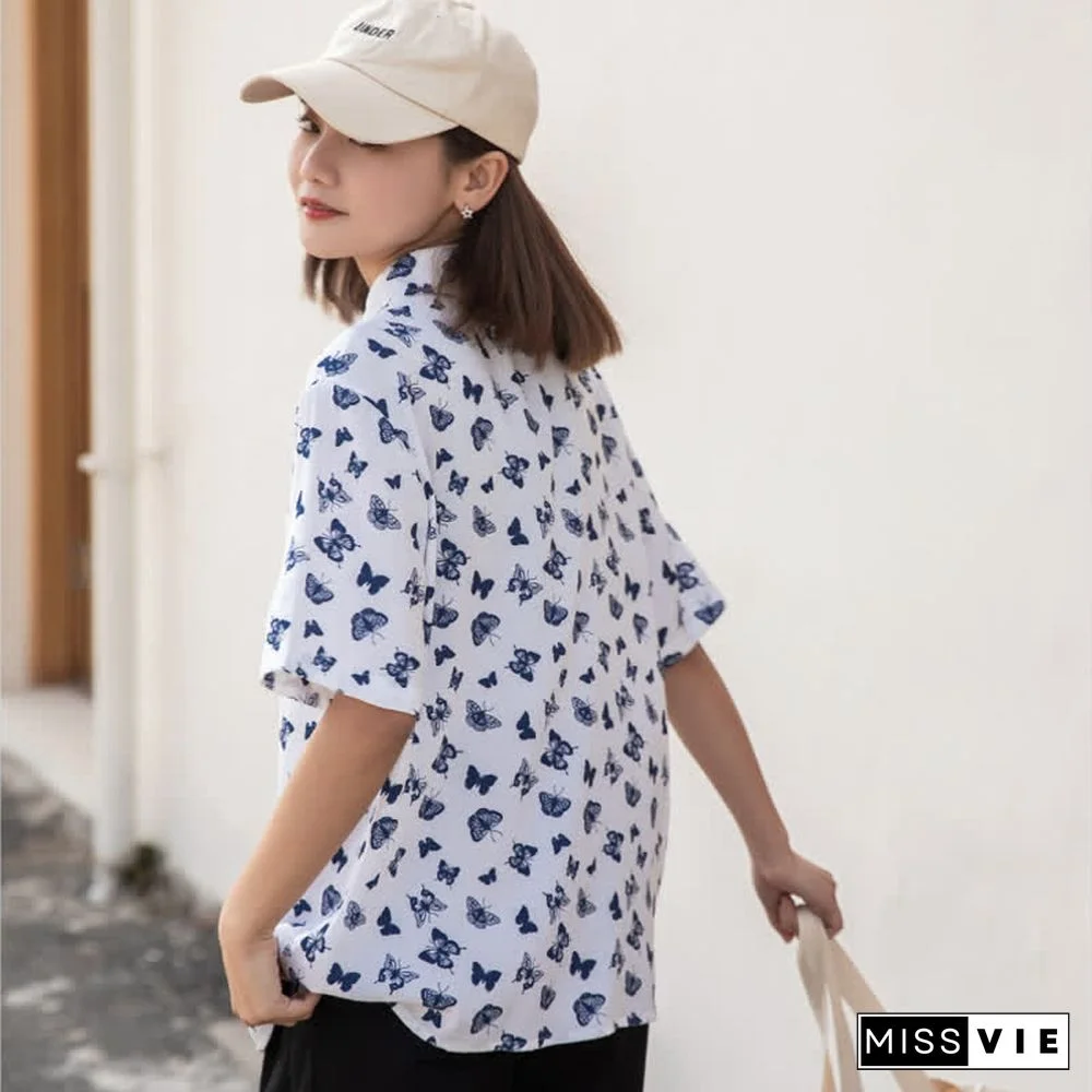 Vintage Butterfly Print Pocket Lace Up Loose Polo Shirt