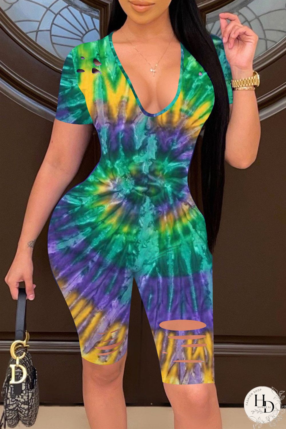 Purple Fashion Casual Print Tie Dye Ripped V Neck Skinny Romper