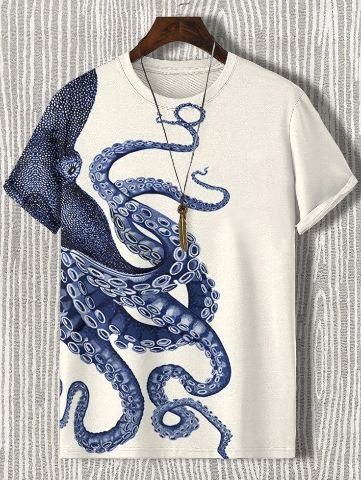 Men's Japanese Art Octopus Graphic Printed Casual T-Shirt