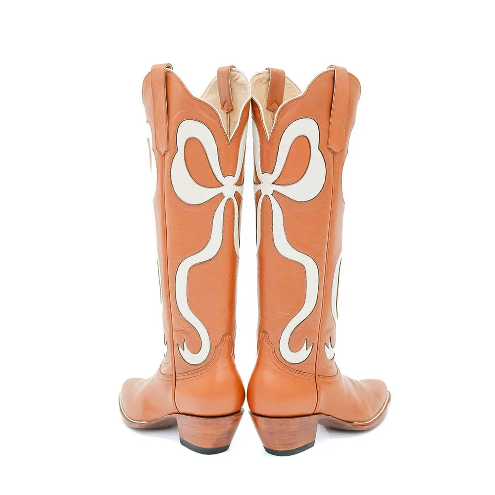 Orange & White Bow Inlay Cowgirl Boots with Chunky Heels