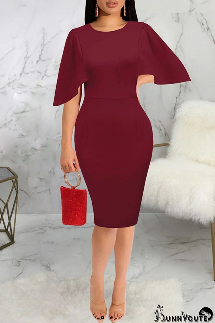 Burgundy Fashion Casual Solid Basic O Neck Short Sleeve Dress