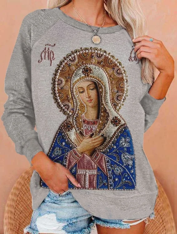 Women's Faith Pearl Virgin Mary Print Sweatshirt