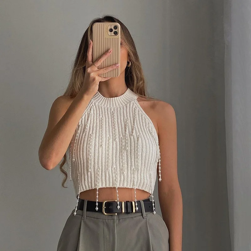 Trendy Casual All-match Slim Pearl Vest Top | IFYHOME