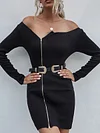 Off-The-Shoulder Solid Color Long Sleeve Zipper Sexy Slim Sweater Mini Dress
