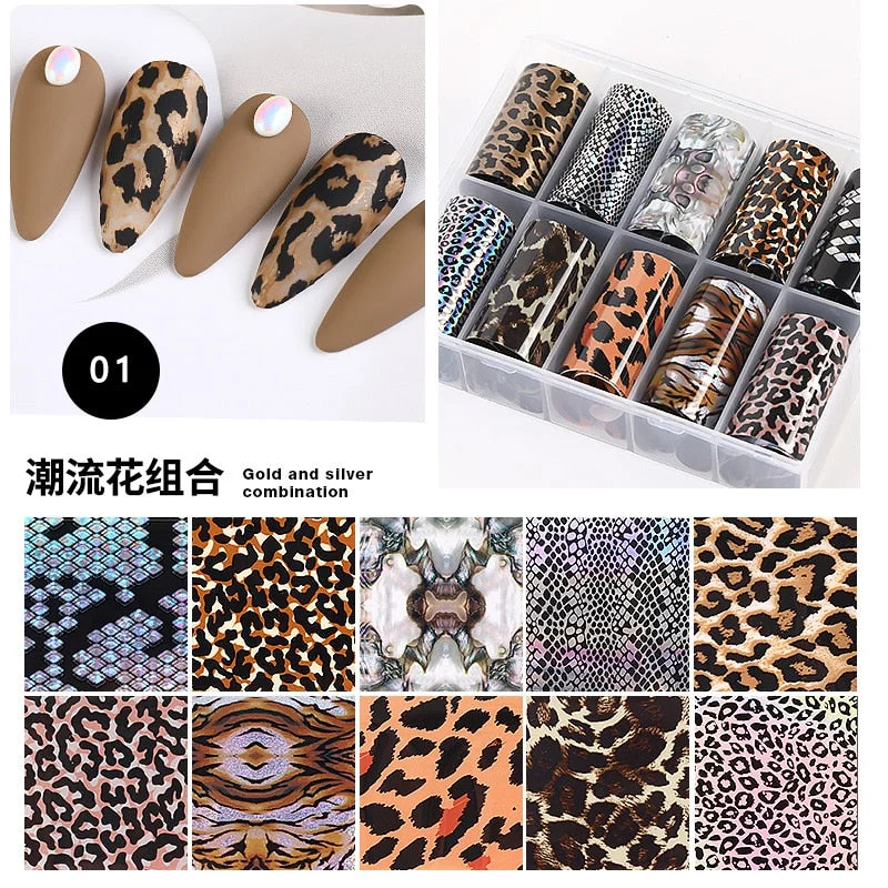 10pcs/box  Leopard Wild Animal Skin Nail Foil Sticker Snake Print Nail Art Transfer Slider Starry Sky Manicure Decoration Wrap