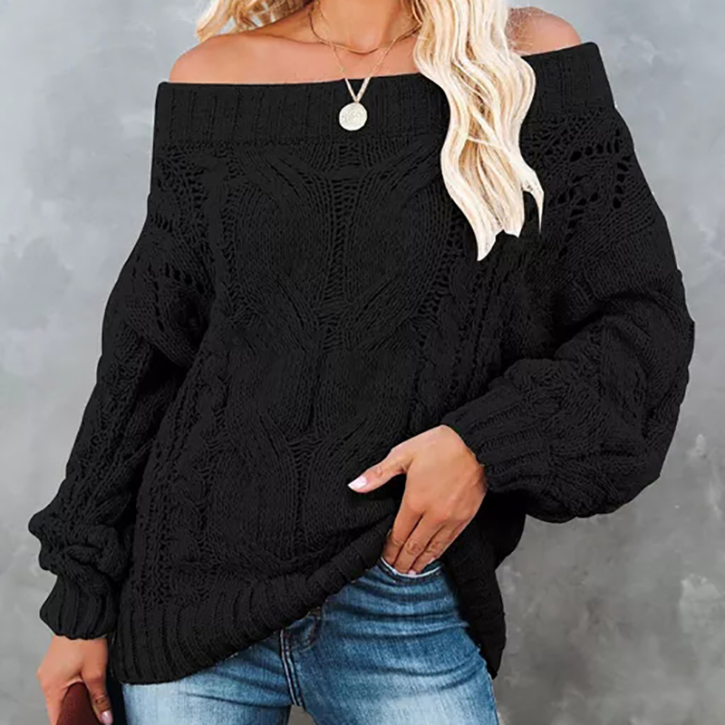 Women Off Shoulder Hollow Out Slim Vintage Knitwear Sweater