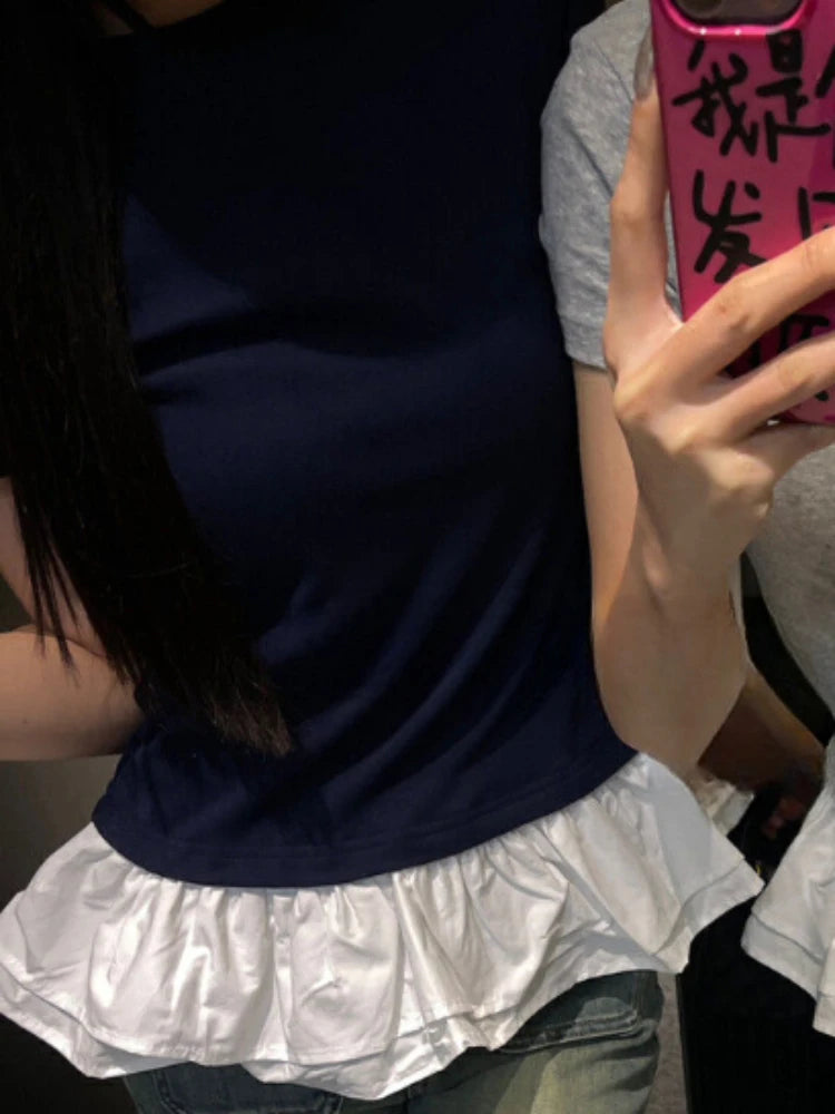 OLCooL Basic White T-shirts Women Coquette Short Sleeve Top for Girls Patchwork Balletcore Summer Fashion Tees Korean Style Ins olcool