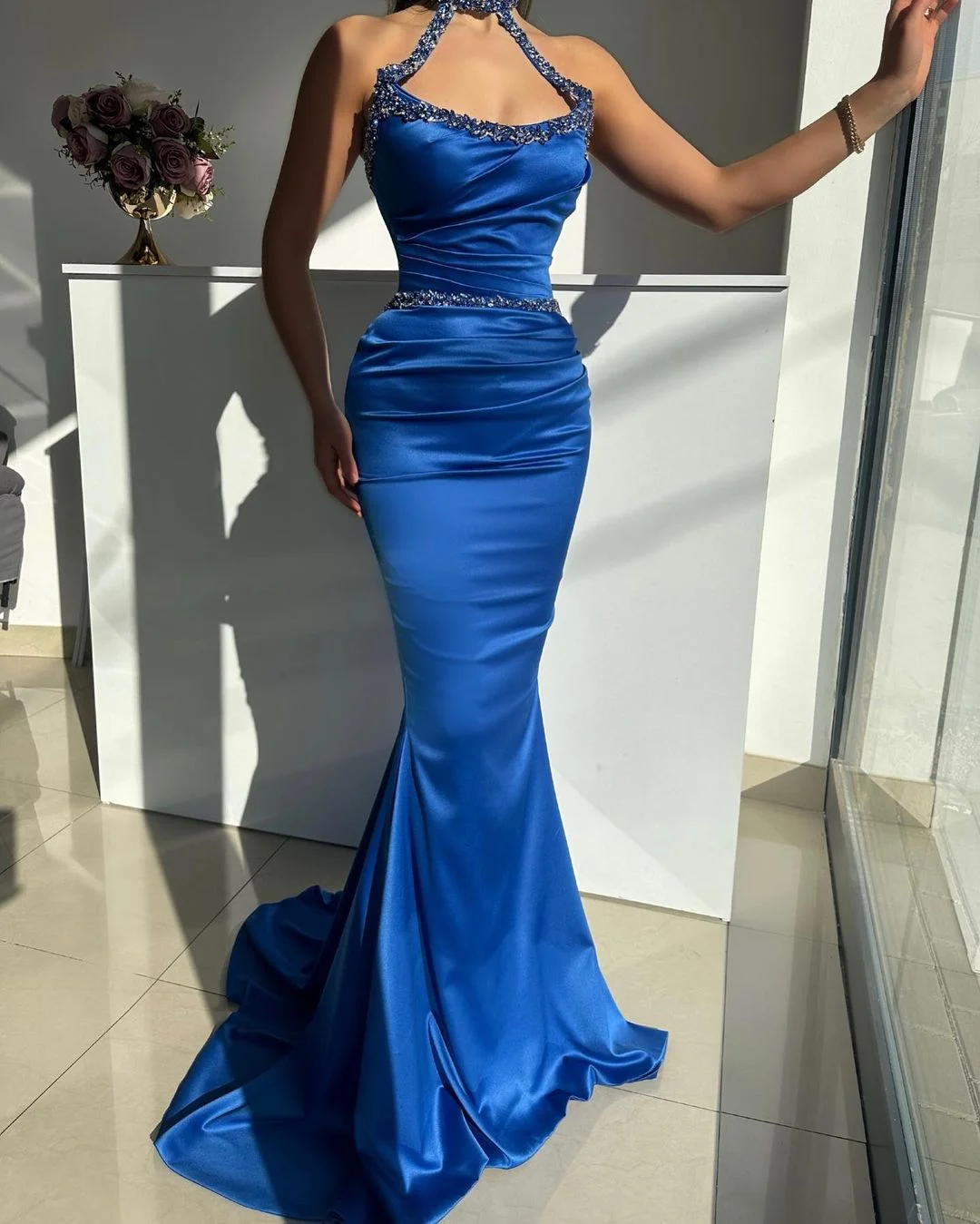 Daisda Royal Blue Sleeveless Pleated Mermaid Prom Dress with Rhinstone