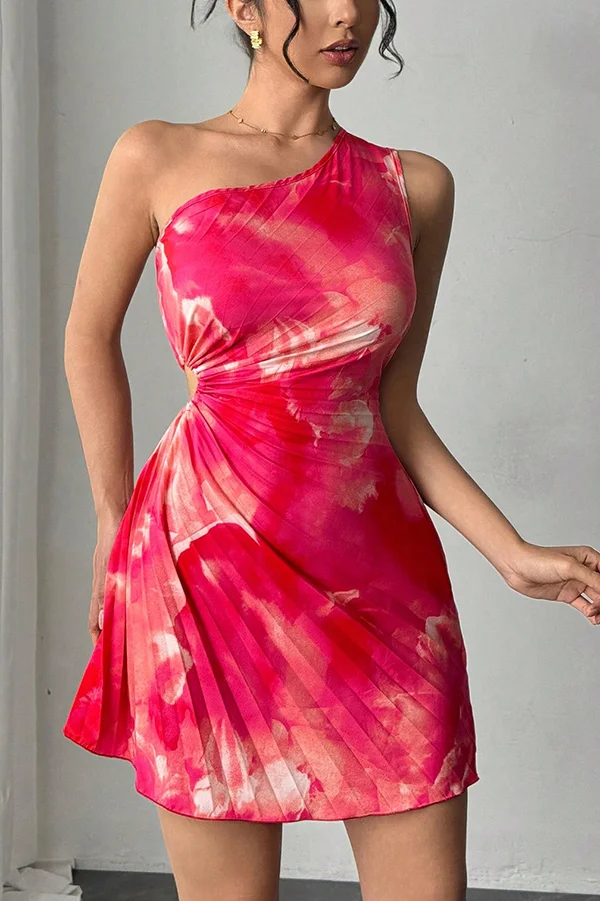 Fashion Tie-Dye One-Shoulder Hollow Pleated Mini Dress