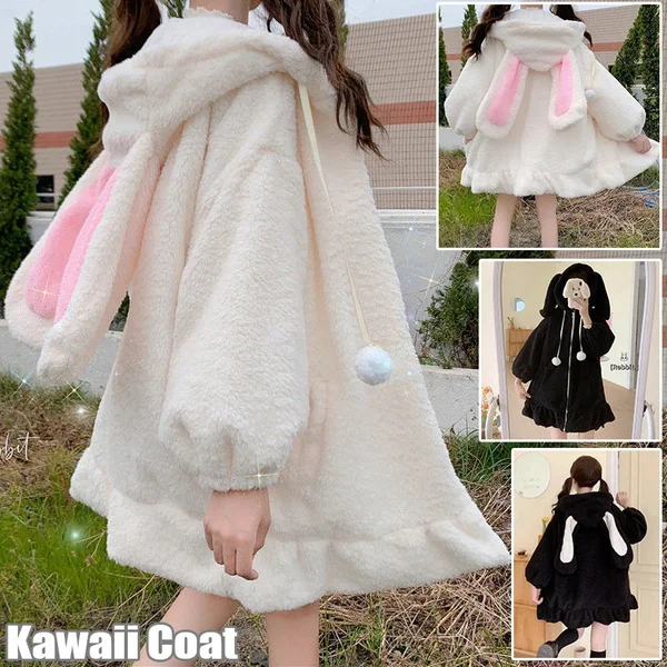 New Women Kawaii Zipper Hooded Coat Rabbit Ears Cute Sweet Girls Harajuku Style Warm Jacket