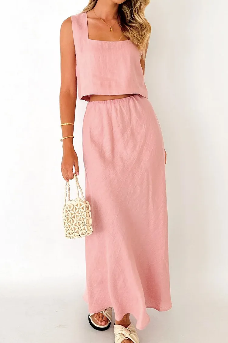 Women's cotton and linen square collar vest + skirt suit