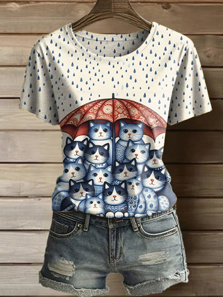 Women's Casual Cute Cat Printed Round Neck Short Sleeve T-shirt wearshes
