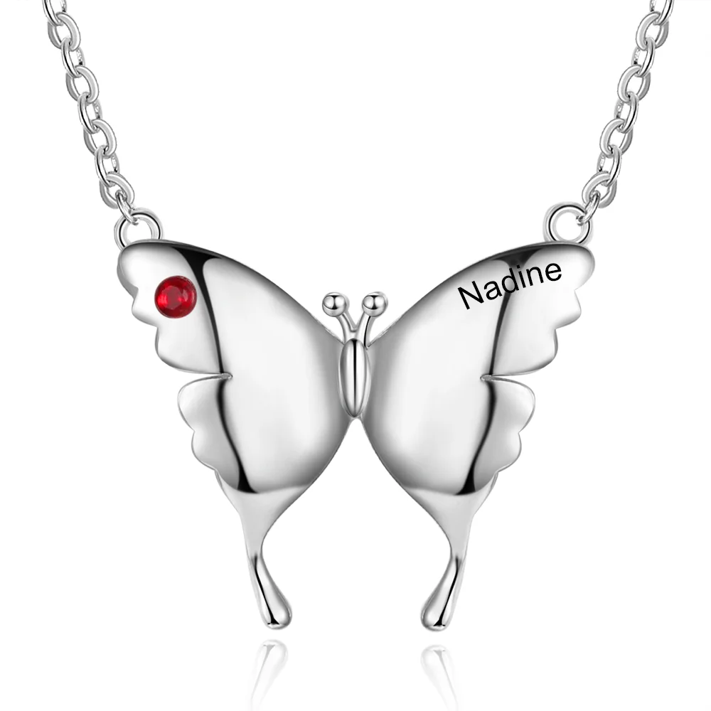 Personalisierte Halskette mit Geburtsstein und geschnitztem rhodiniertem Schmetterling n1-b1 Kettenmachen