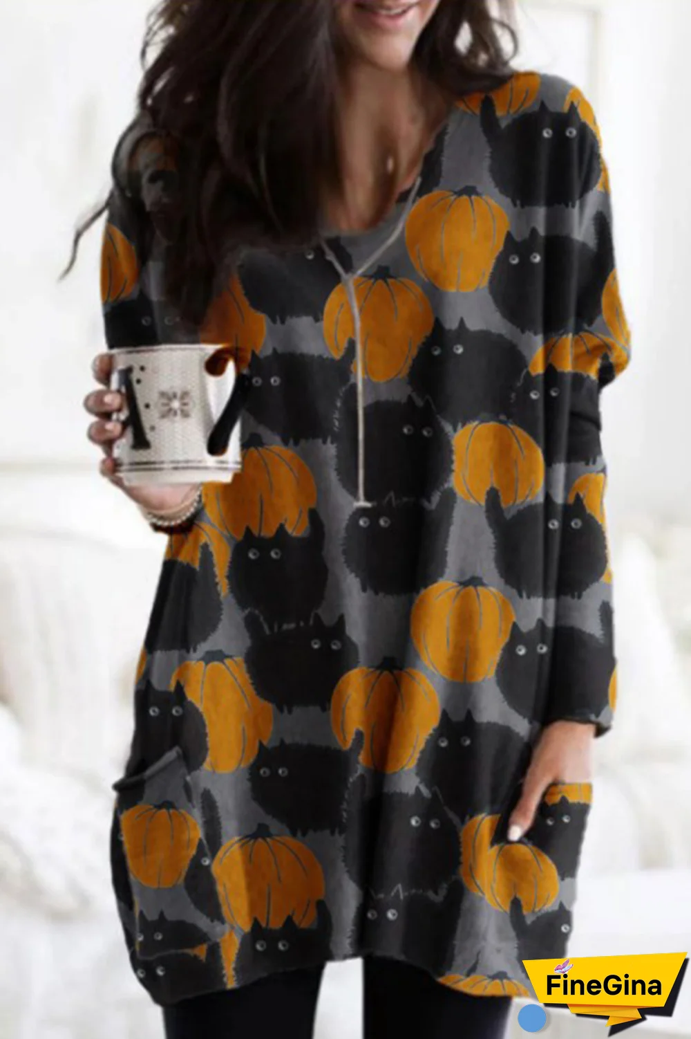 Street Print Split Joint Pocket O Neck Tops