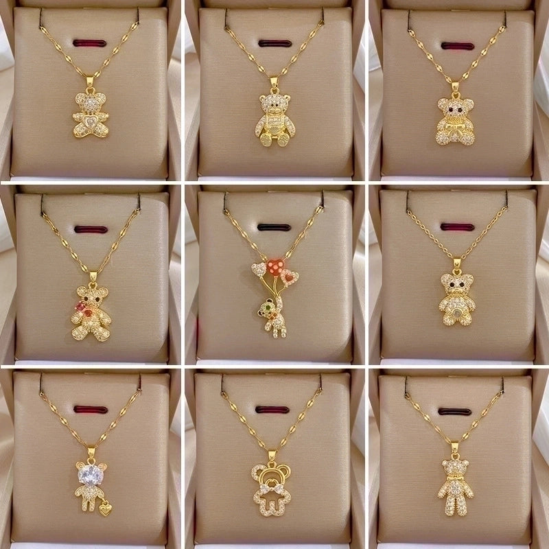 2 Pieces Minimalist Bear Titanium Steel Copper Plating Inlay Zircon Pendant Necklace