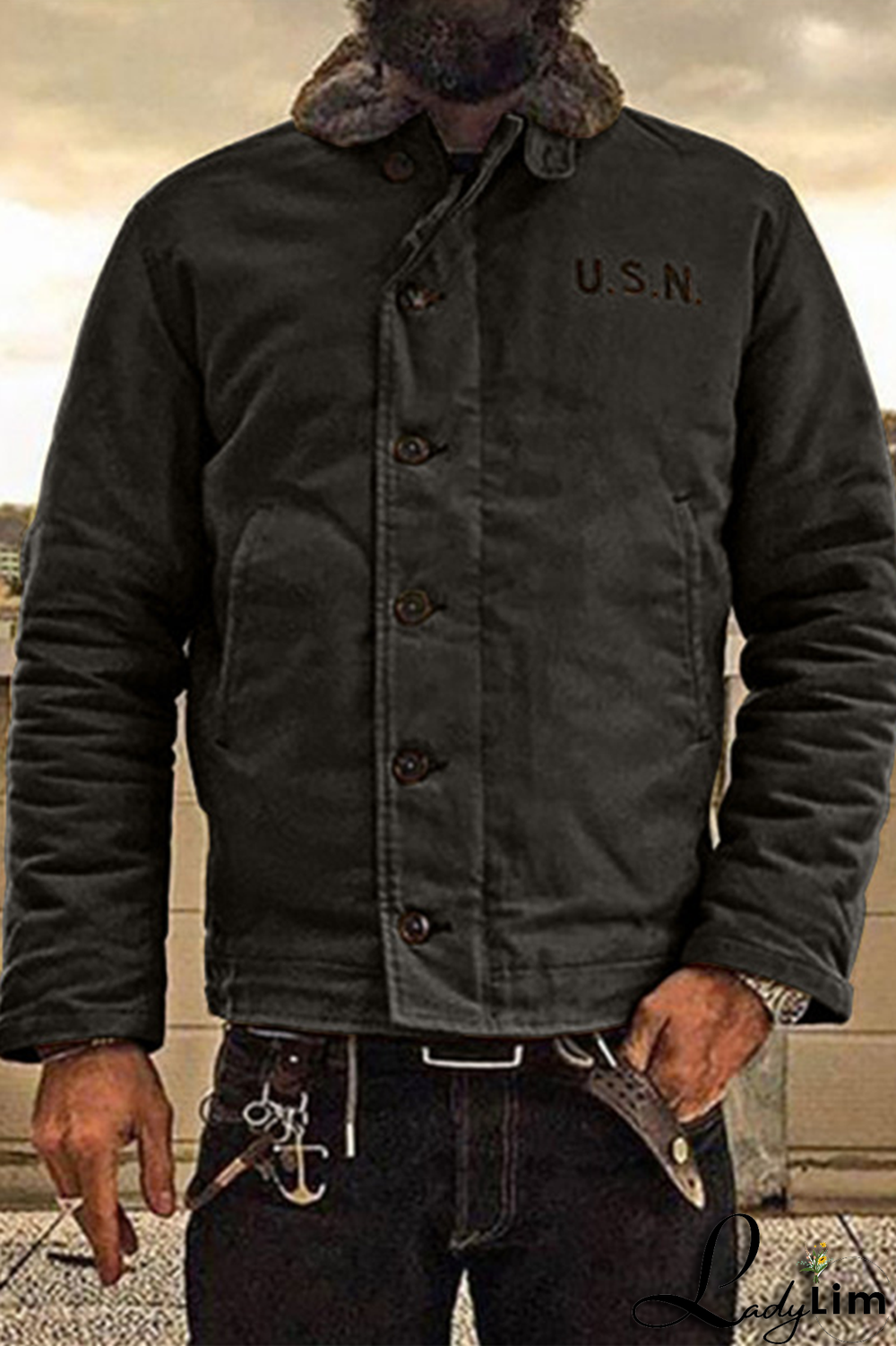 Black Fashion Casual Letter Pocket Buckle Turndown Collar Outerwear