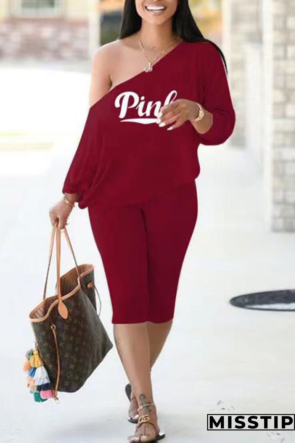 Burgundy Casual Print Patchwork Off the Shoulder Long Sleeve Two Pieces