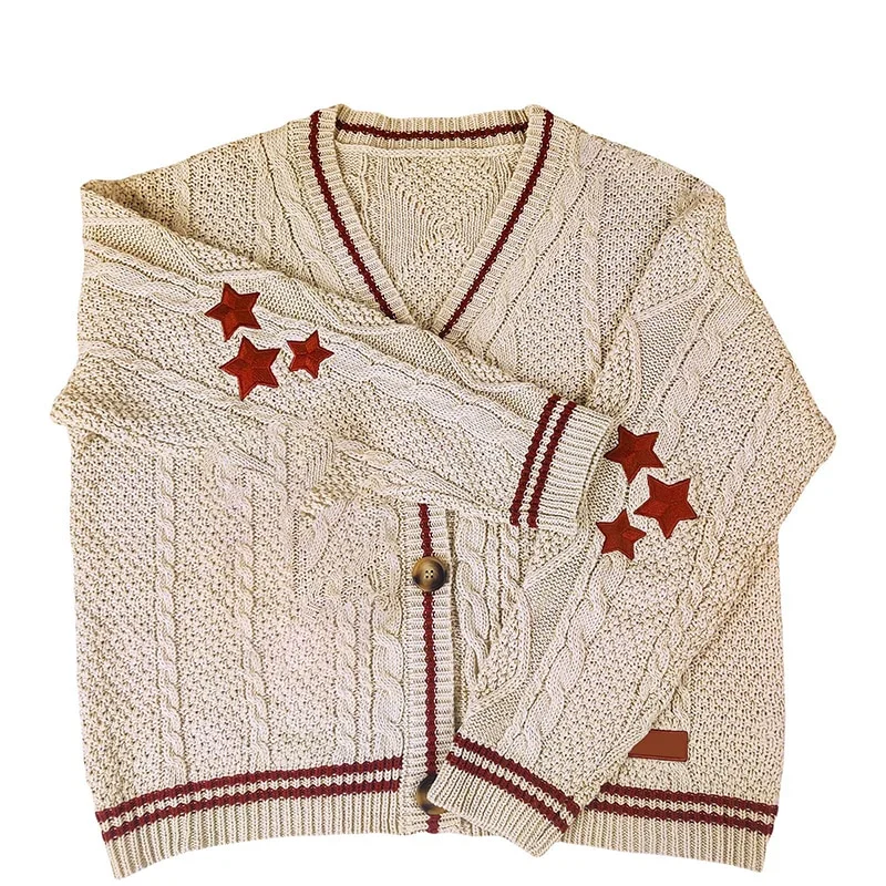 Back To School Outfits Fashion Warm SwifT Beige Knitted Cardigan Vintage Star Embroidered Single Breasted Sweater Ladies Casual Slight Strech Cardigan