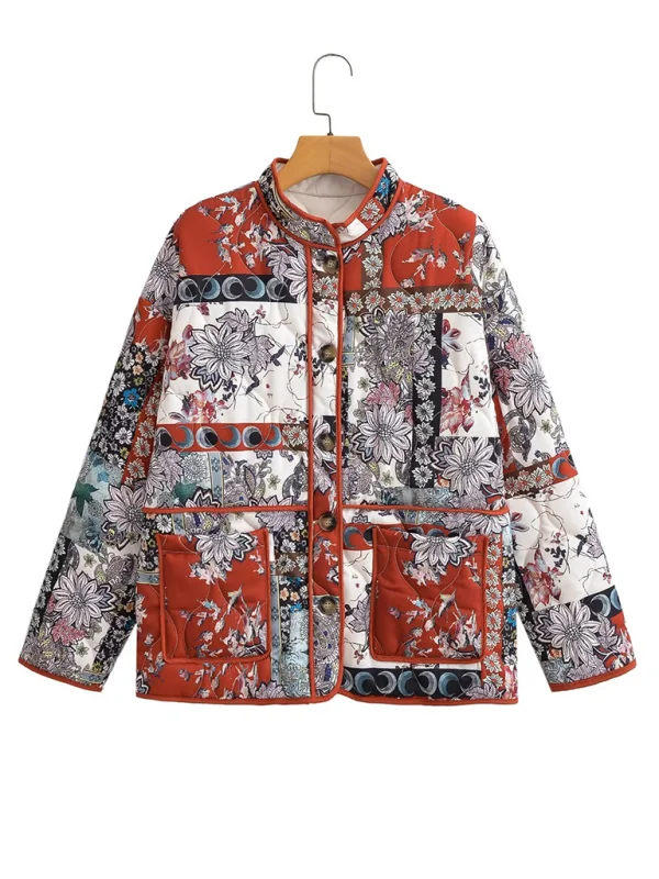 Women's stand collar printed quilted jacket Flusfy