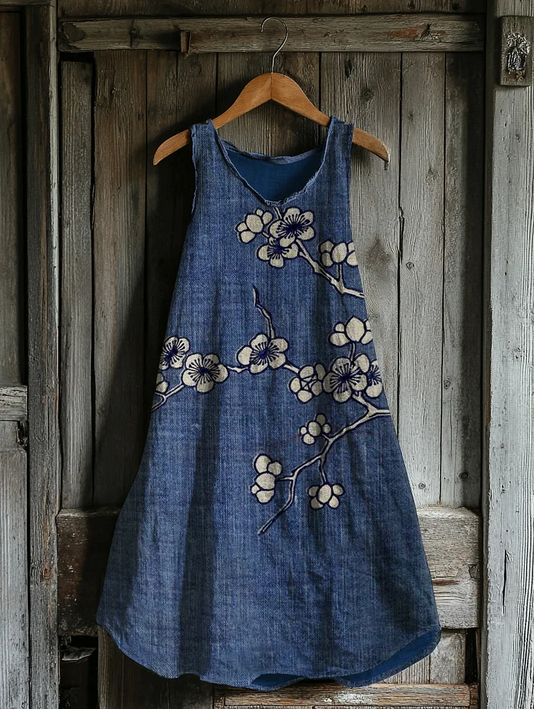 Vintage Cherry Blossoms Art Linen Blend Tank Dress