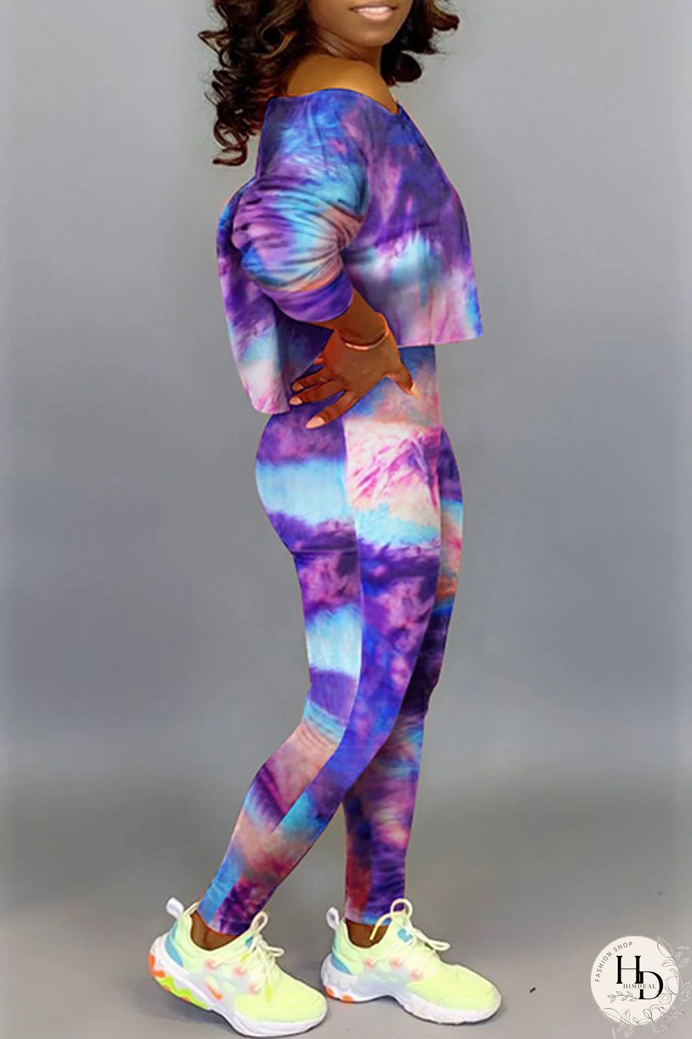 Green Fashion Casual Print Tie-dye Oblique Collar Long Sleeve Two Pieces