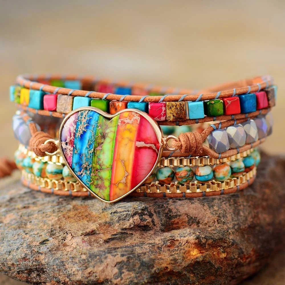 3 Layer Spiritual Chakra Bracelet with Heart Accent
