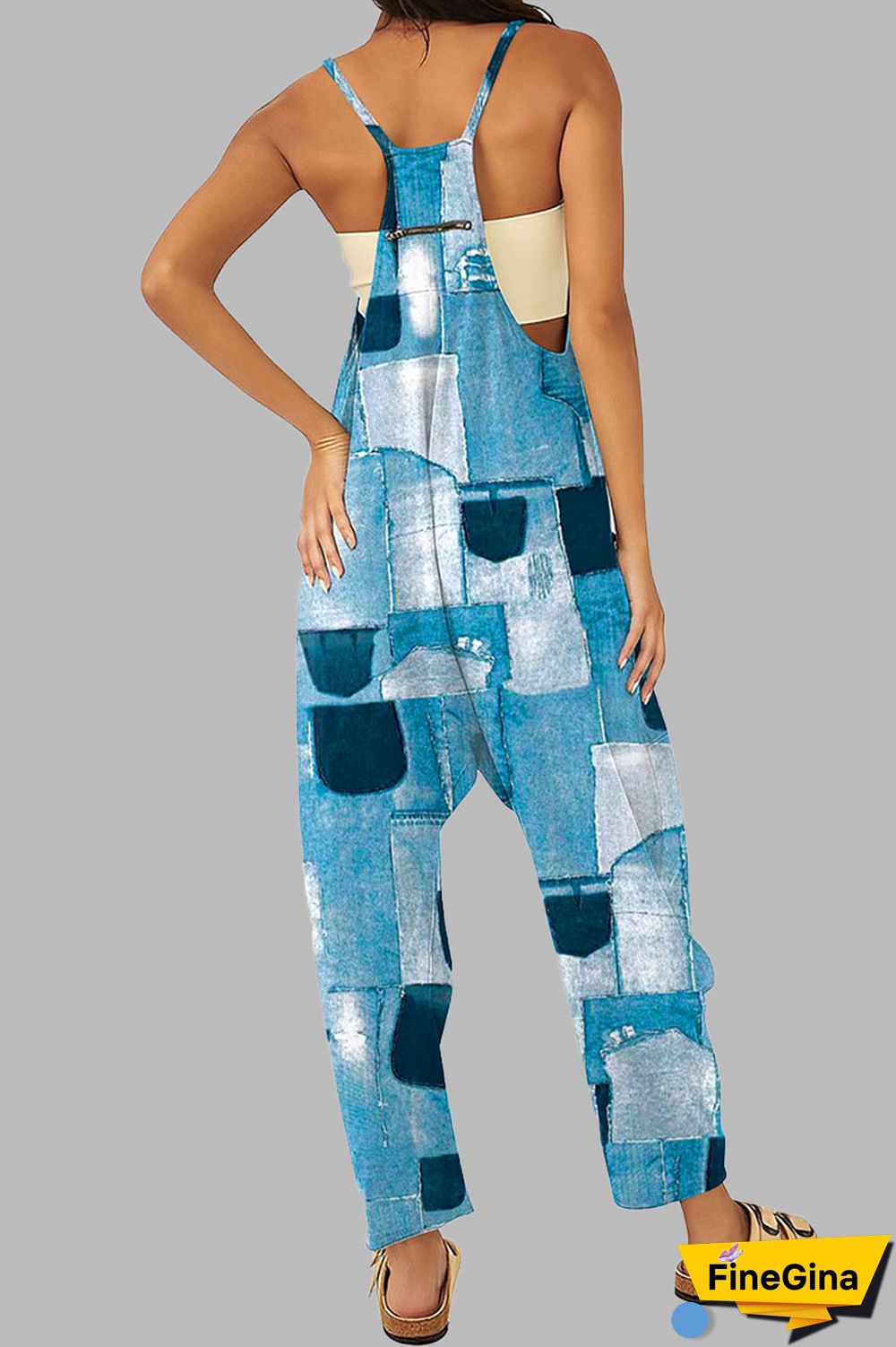 Black khaki Casual Gradual Change Print Patchwork Pocket Zipper Spaghetti Strap Loose Jumpsuits